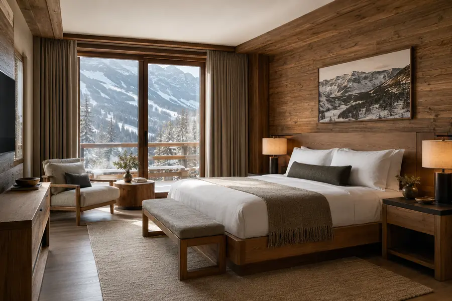 Contemporary alpine lodge room with timber furniture and tactile upholstery