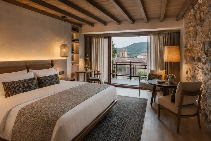 Distinctive boutique hotel room with coordinated custom furniture