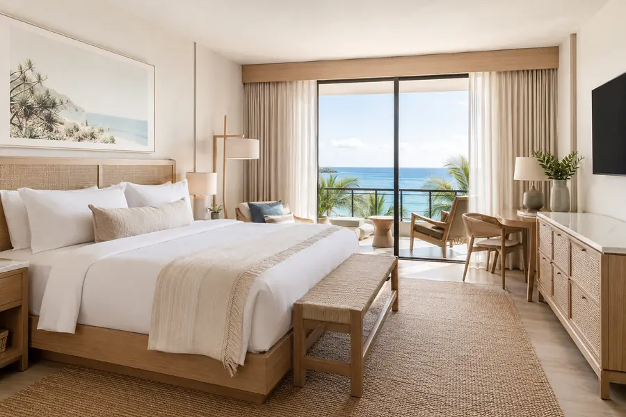 Coastal resort guest room with pale wood furniture and woven textures