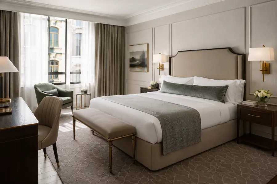 Modern-classic hotel room with warm timber furniture and refined metal details