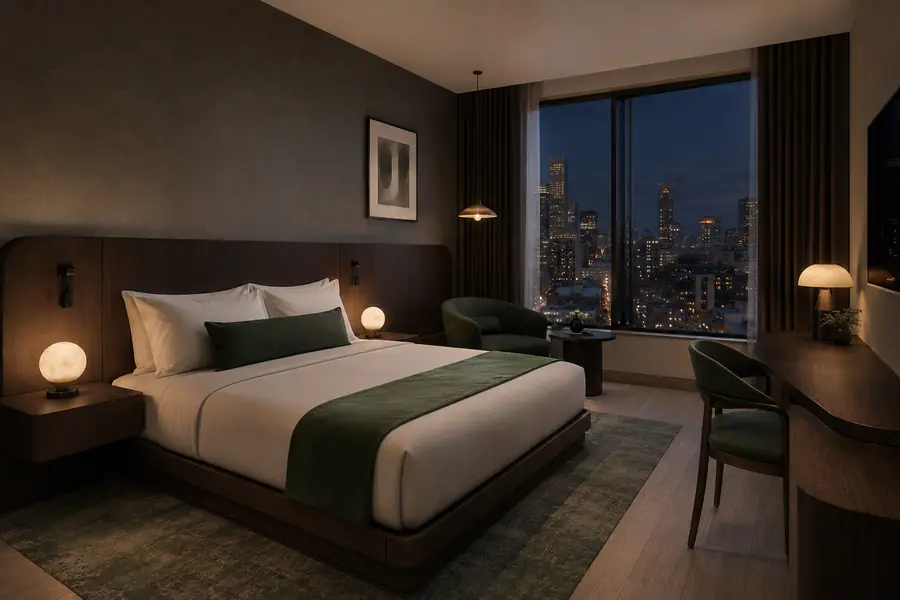 Urban boutique hotel room with dark oak furniture and tailored upholstery