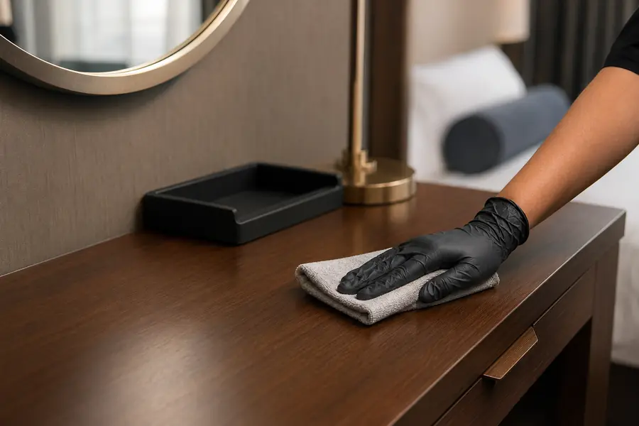 Housekeeping-ready hotel desk surface being cleaned