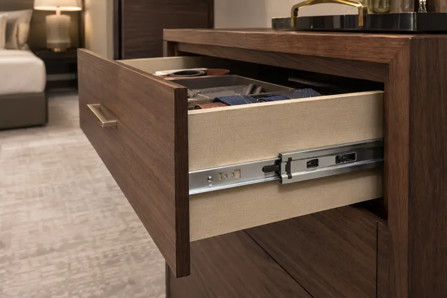 Hotel dresser drawer showing soft-close runners