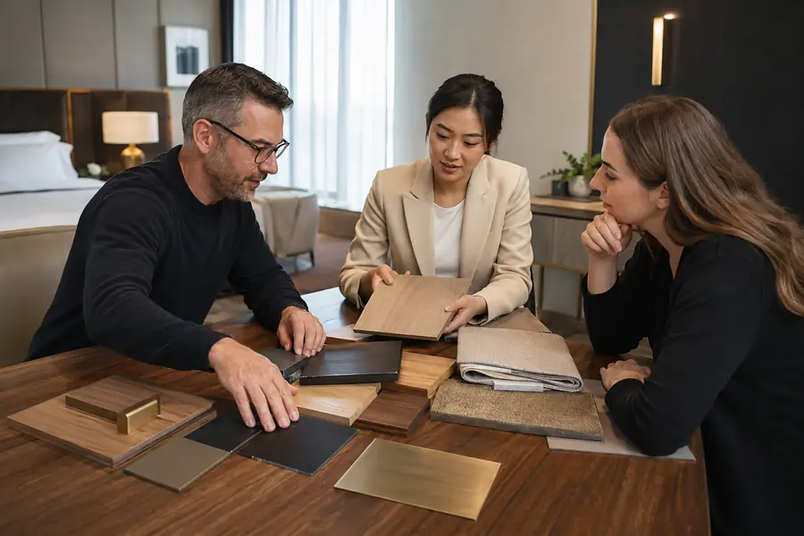 Hospitality design team reviewing hotel furniture drawings and finish samples