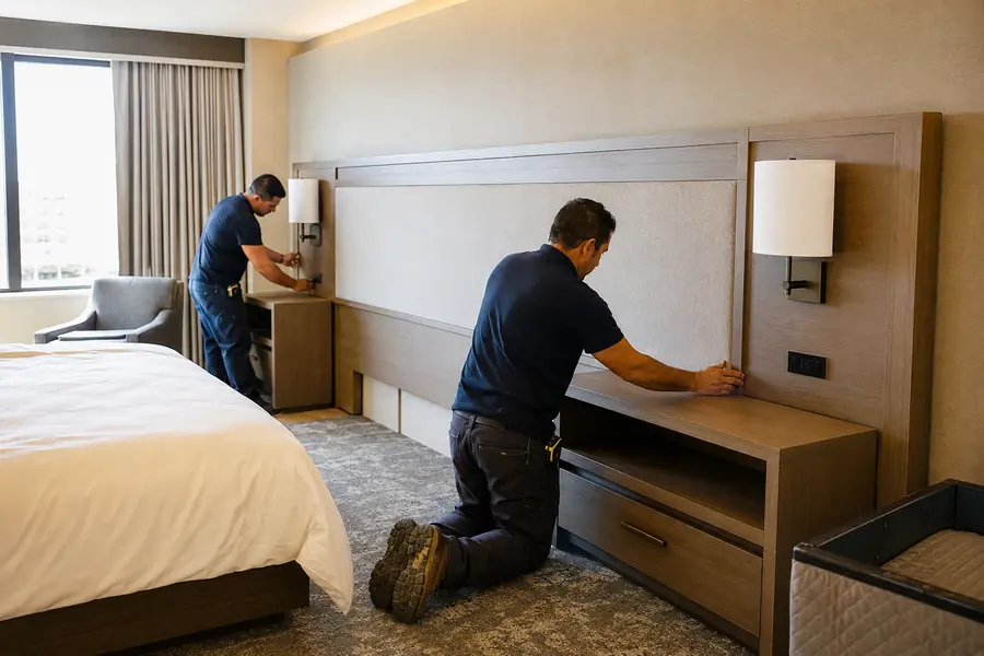 Professional installers fitting a hotel headboard and coordinated nightstands