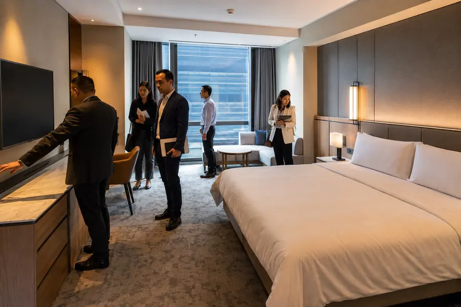 Procurement and design team reviewing a completed hotel model room
