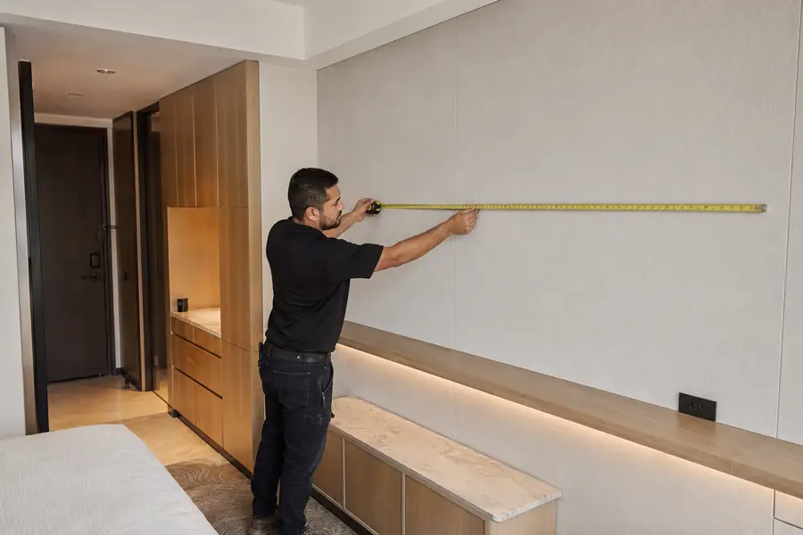 Installer verifying dimensions in a hotel guest room