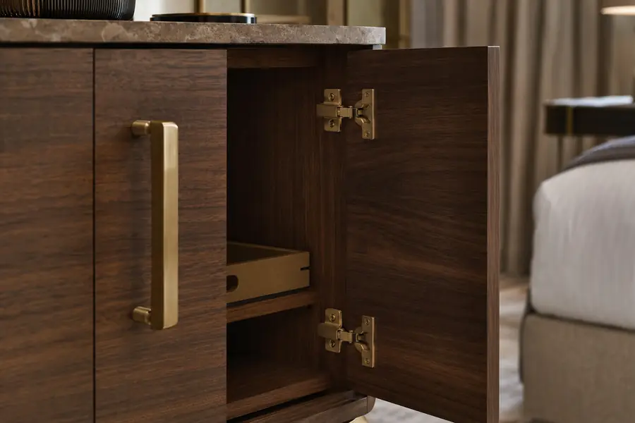 Brushed metal pulls and concealed hinges on hotel casegoods