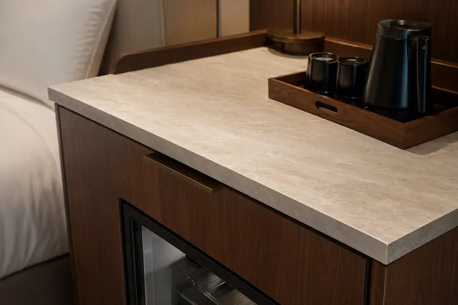 Engineered-stone top and finished edge on a hotel minibar cabinet