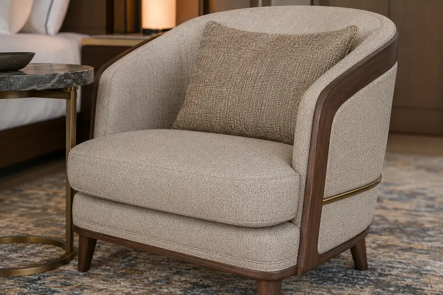 Durable performance upholstery with tailored seams on a hotel lounge chair