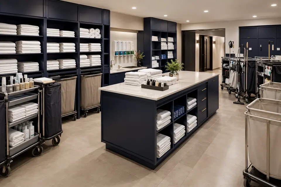 Guest-facing retail displays Organized hotel retail display and replenishment system