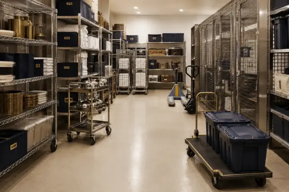 Hotel housekeeping stockroom with organized storage and material-handling supplies