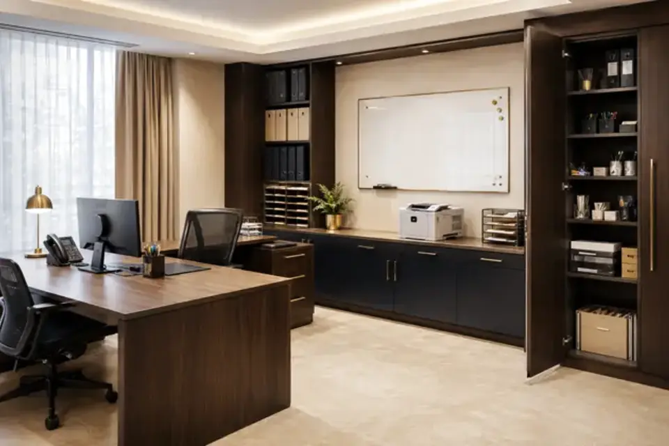 Hotel back-of-house office supporting housekeeping control and inventory routines