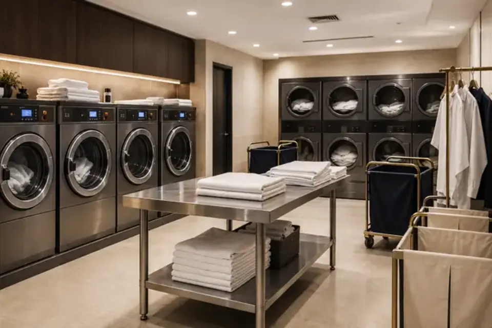 Commercial hotel laundry and linen operation supporting multiple properties