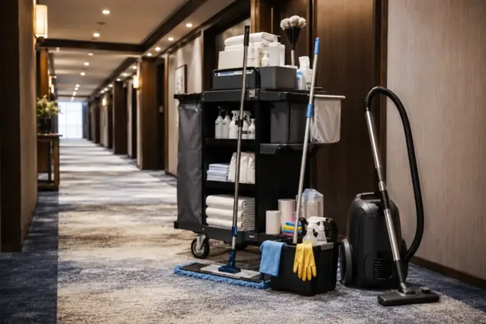Hotel housekeeping cart and room-service cleaning supplies prepared for opening operations