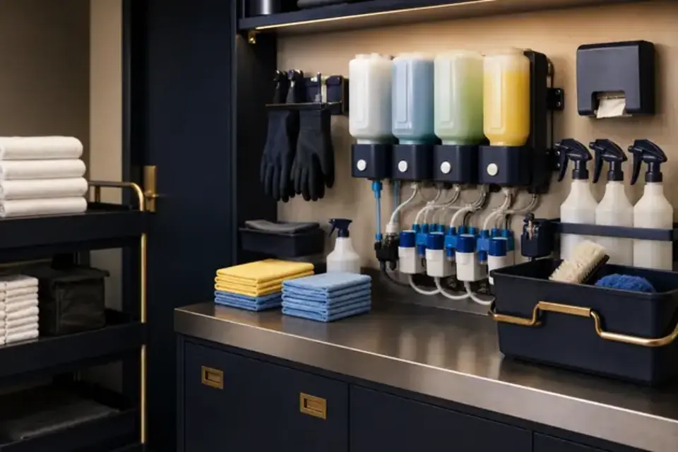 Organized commercial cleaning supplies for a hotel housekeeping program refresh