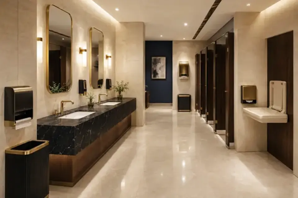 Commercial public restroom requiring scheduled janitorial servicing