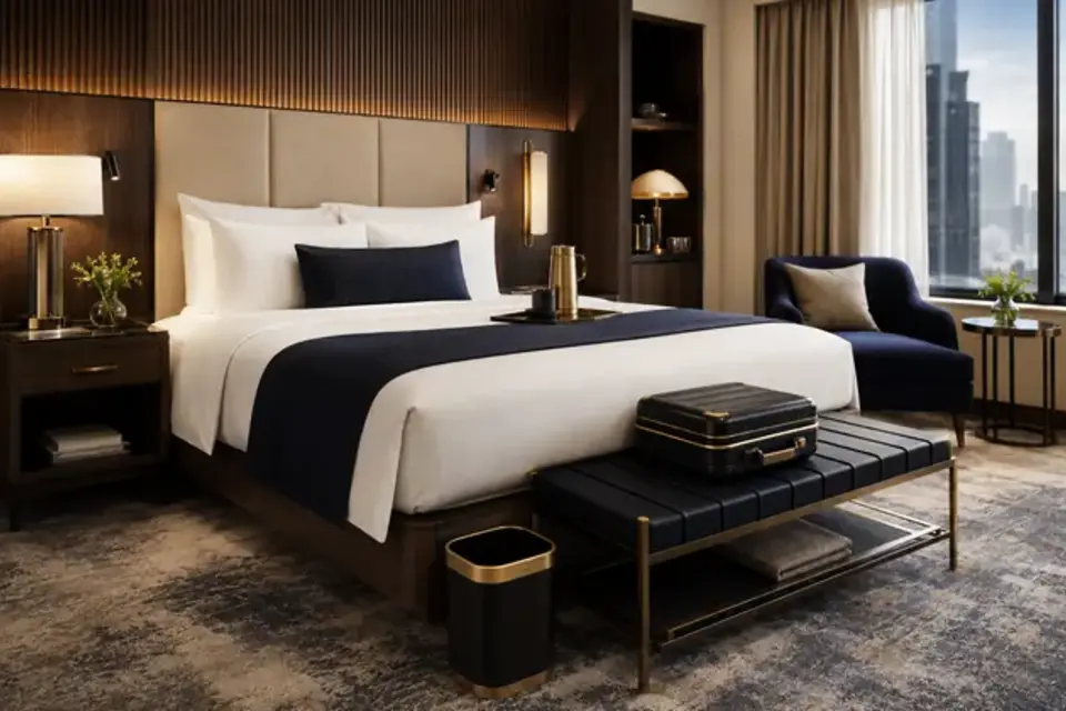 Hotel guest room prepared for housekeeping inspection and daily servicing
