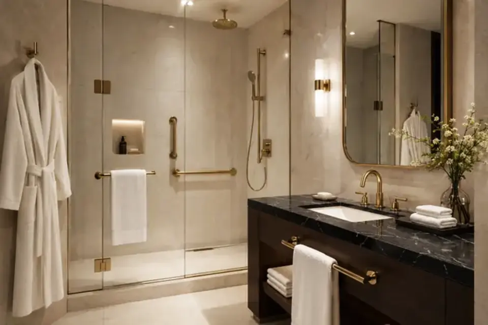 Hotel bathroom surfaces and fixtures requiring moisture-safe cleaning tools
