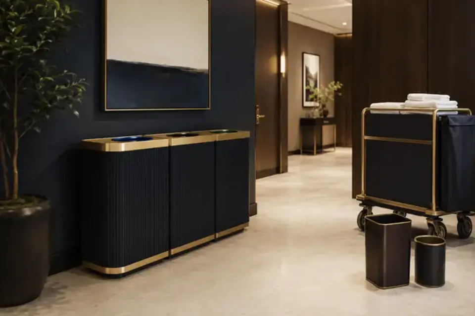 Hotel waste and recycling station for back-of-house housekeeping operations