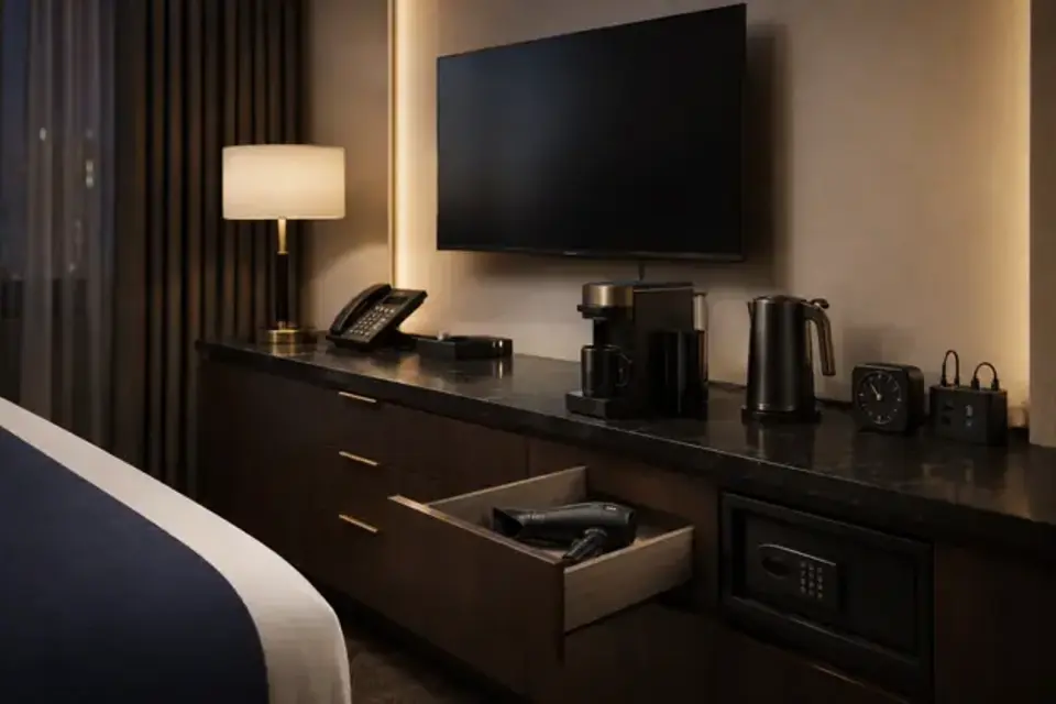 Hotel guest room appliances and surfaces prepared for housekeeping care