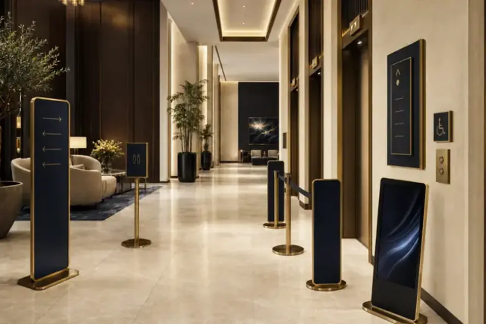 Hotel signage and high-touch wayfinding surfaces in a public corridor