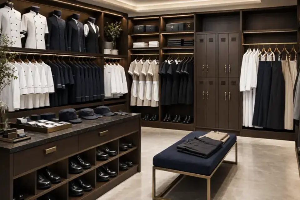 Organized hotel uniform and staff storage area supporting housekeeping teams