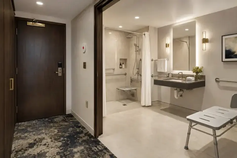 Accessible hotel guest area requiring unobstructed housekeeping equipment and safe cleaning
