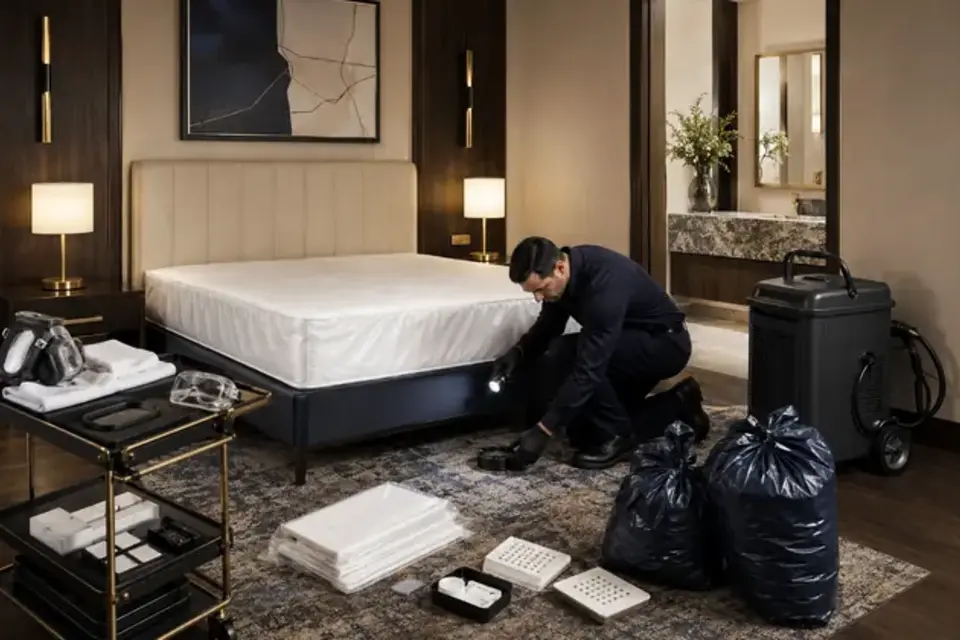 Hotel inspection tools and room environment used for preventive pest checks
