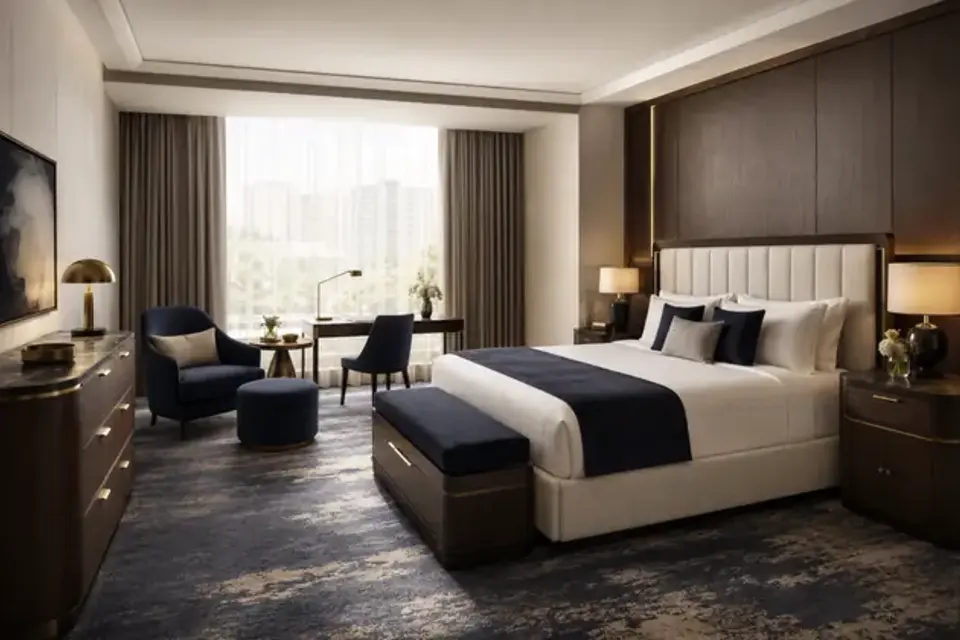 Luxury hotel guestroom furniture and flooring prepared for daily housekeeping