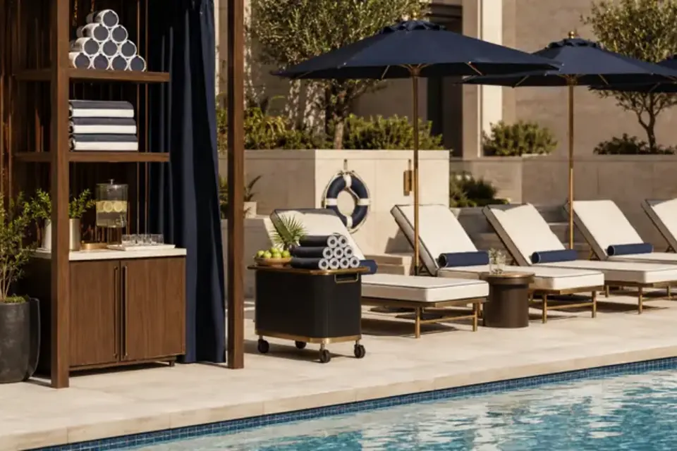 Hotel pool and deck surfaces requiring wet-area cleaning equipment