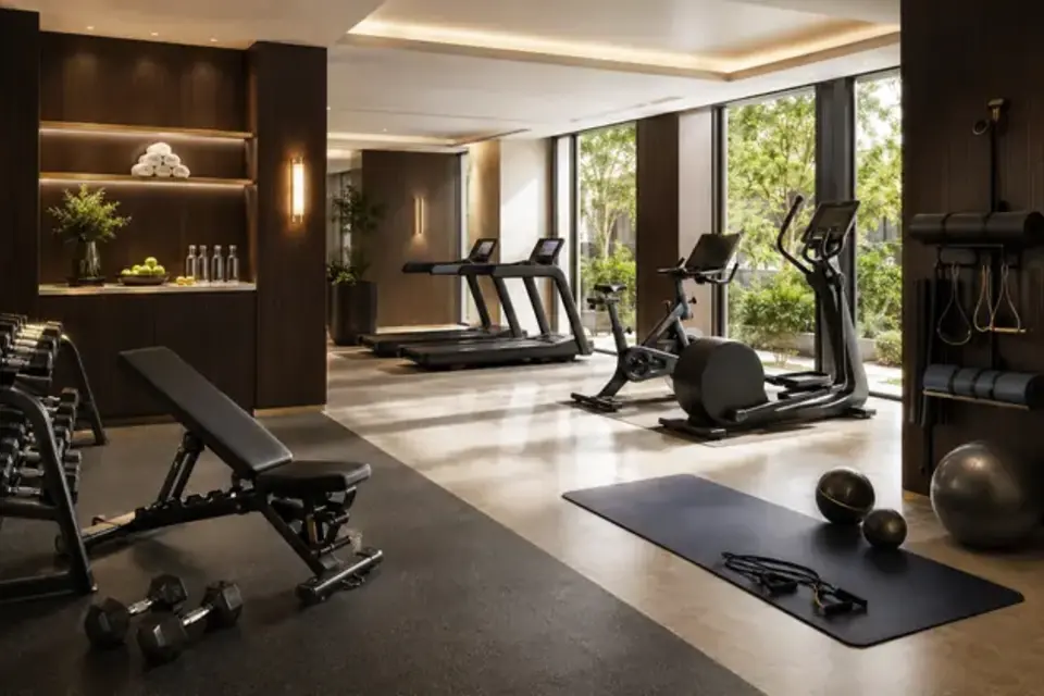 Hotel fitness room with equipment and resilient flooring requiring daily cleaning