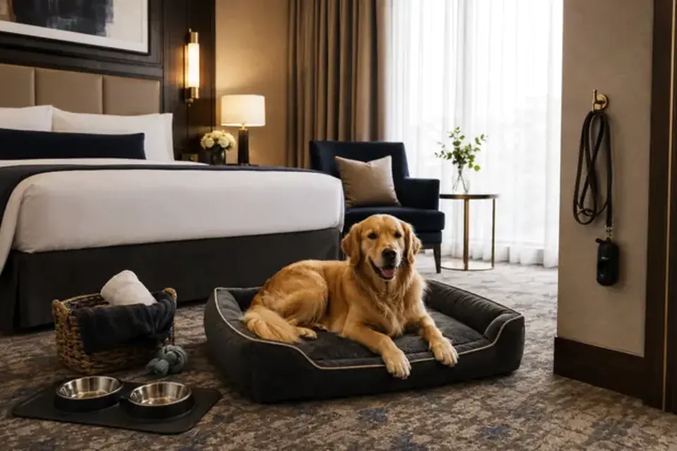 Pet-friendly hotel guest room requiring hair and odor-control housekeeping tools