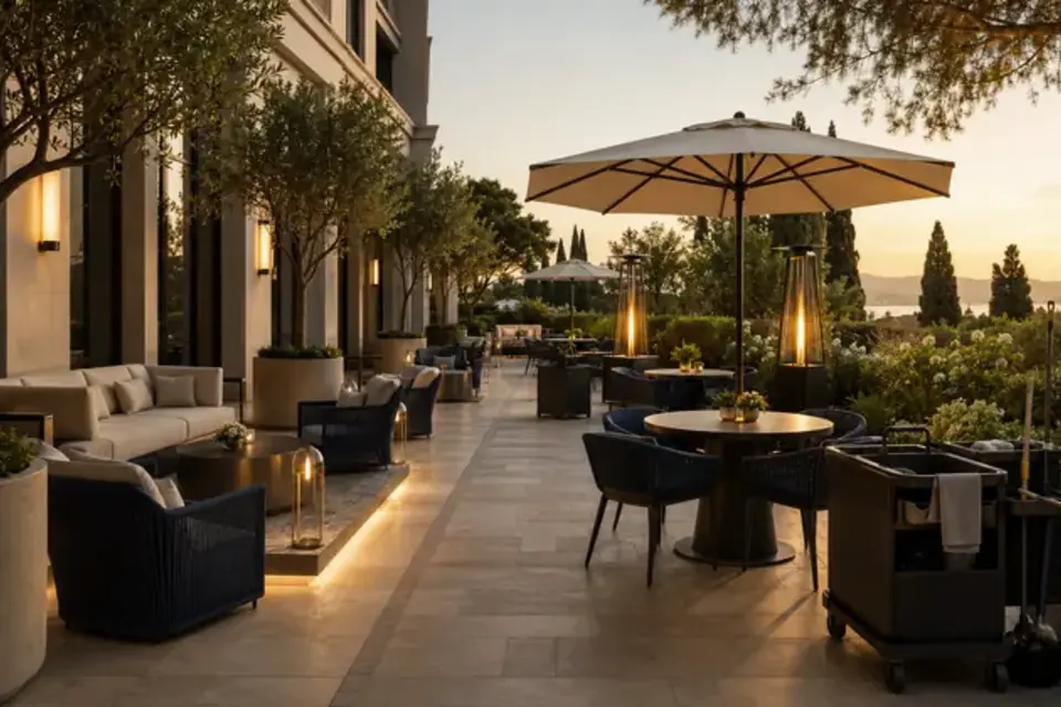 Hotel outdoor guest area requiring sweeping and weather-resistant cleaning tools