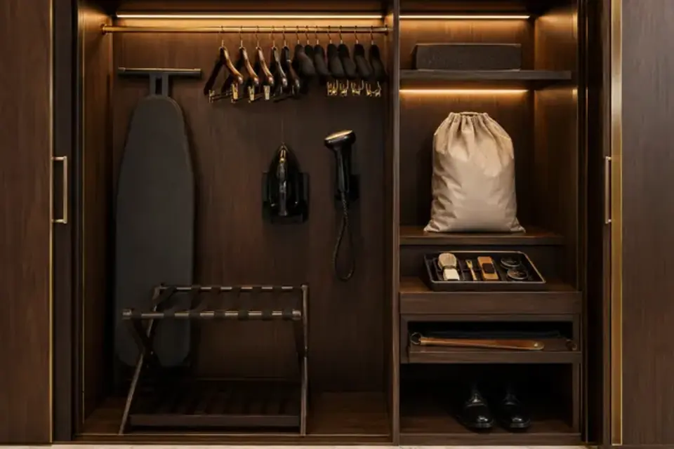 Hotel closet and garment-care area requiring lint and dust control