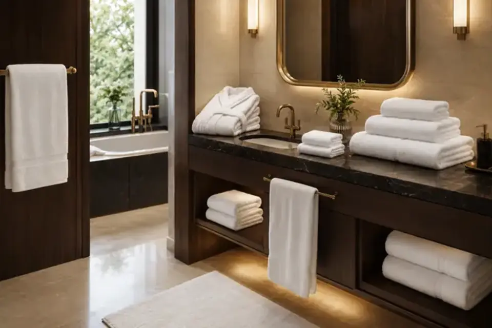 Hotel bath linen storage and handling area supporting housekeeping replenishment