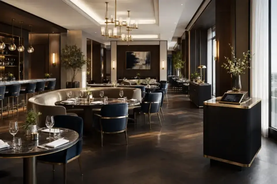 Hotel restaurant dining room prepared for discreet floor and surface cleaning