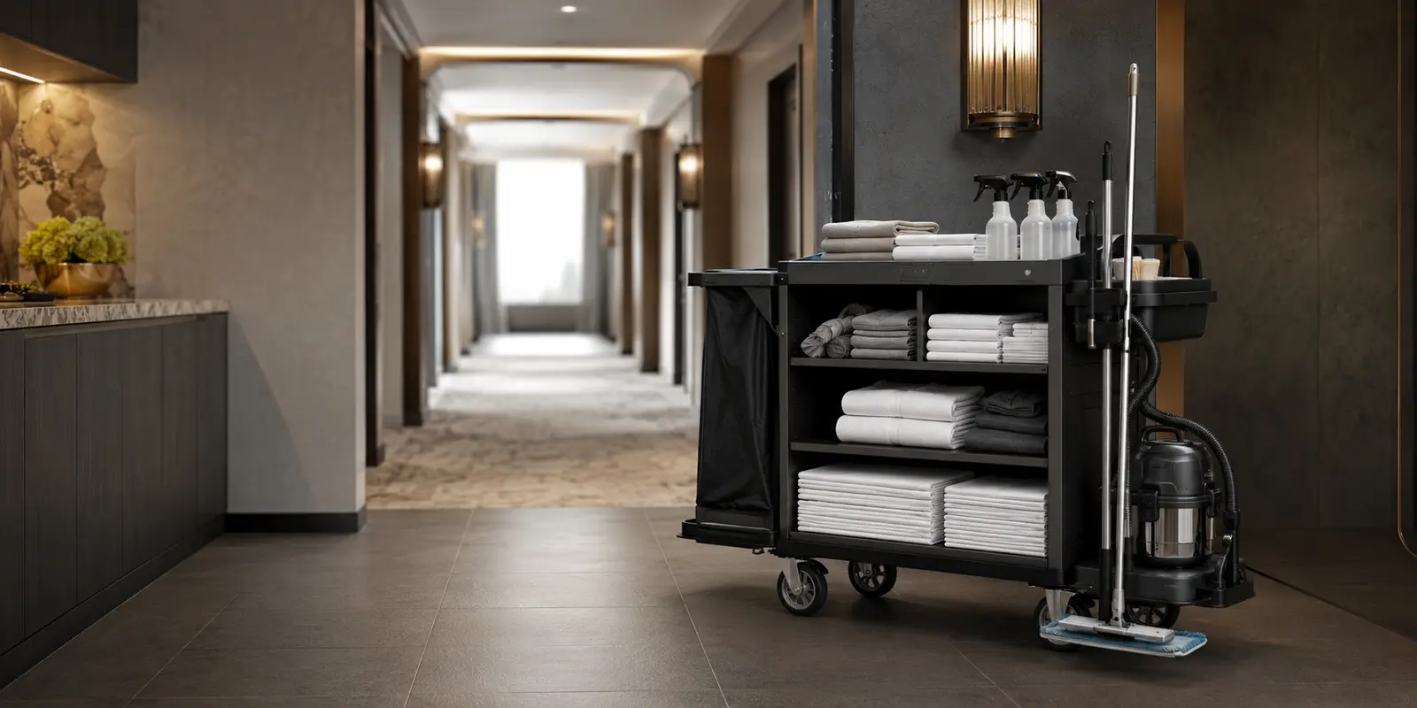 Professional hotel housekeeping cart with linens, cleaning tools, mop, and commercial vacuum