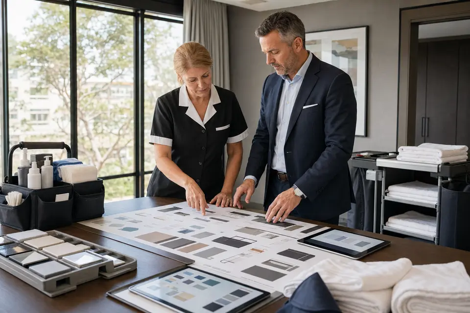 Procurement manager and executive housekeeper reviewing an equipment inventory