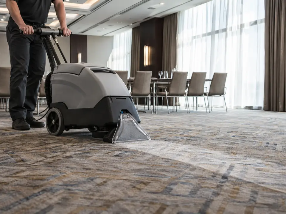Professional carpet extractor cleaning a hotel meeting-room carpet