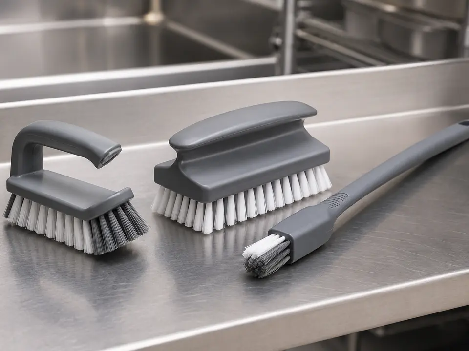 Set of professional cleaning brushes on a commercial workbench