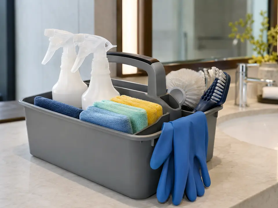 Organized cleaning caddy on a hotel bathroom counter