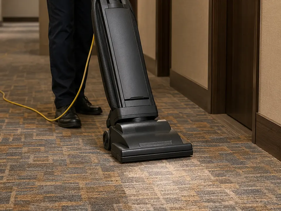 Commercial upright vacuum cleaning a hotel corridor carpet
