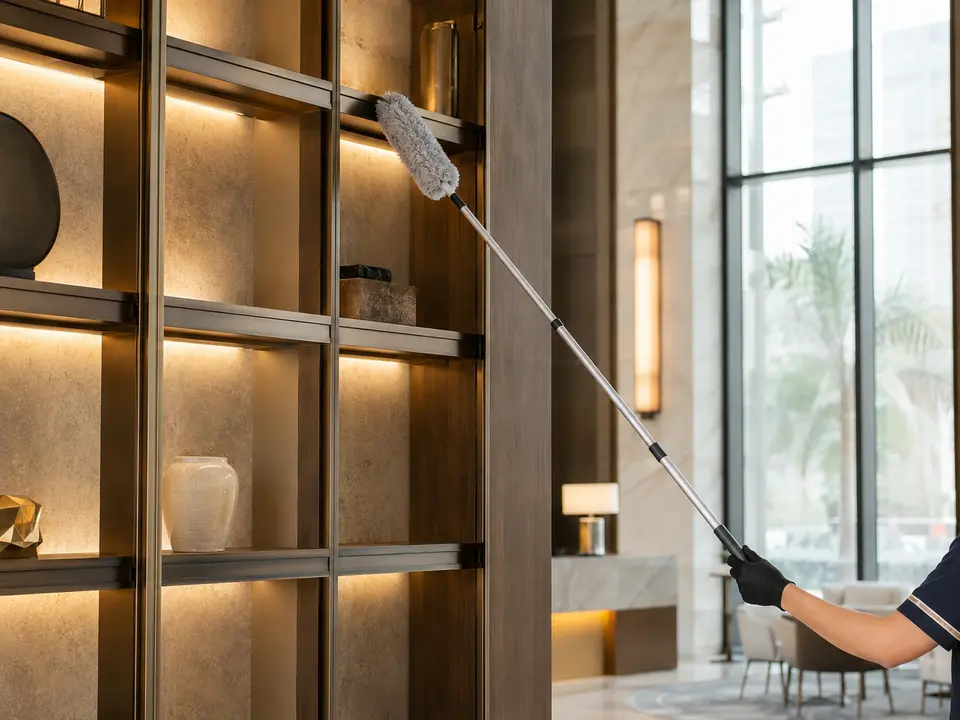Extendable microfiber duster cleaning a high hotel lobby shelf