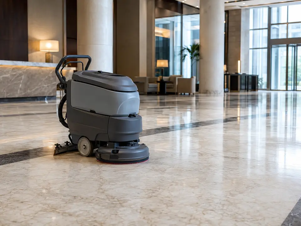 Walk-behind floor scrubber operating in a hotel lobby