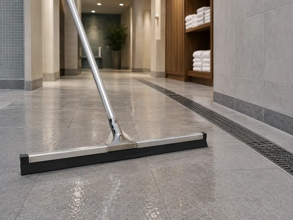 Wide commercial floor squeegee on a tiled service floor