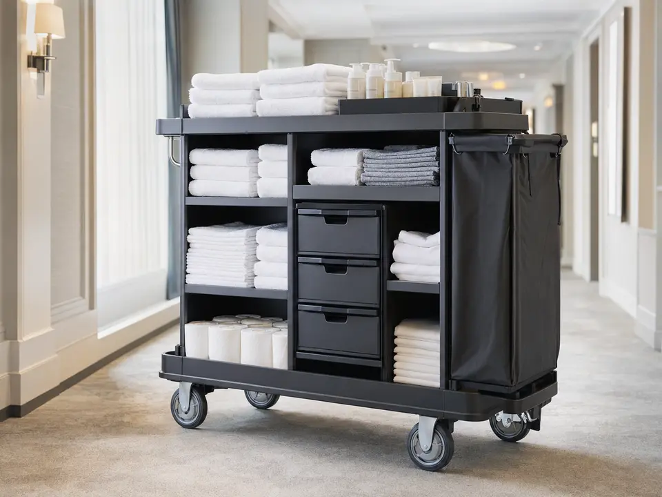 Professional hotel housekeeping cart stocked with linens and cleaning supplies