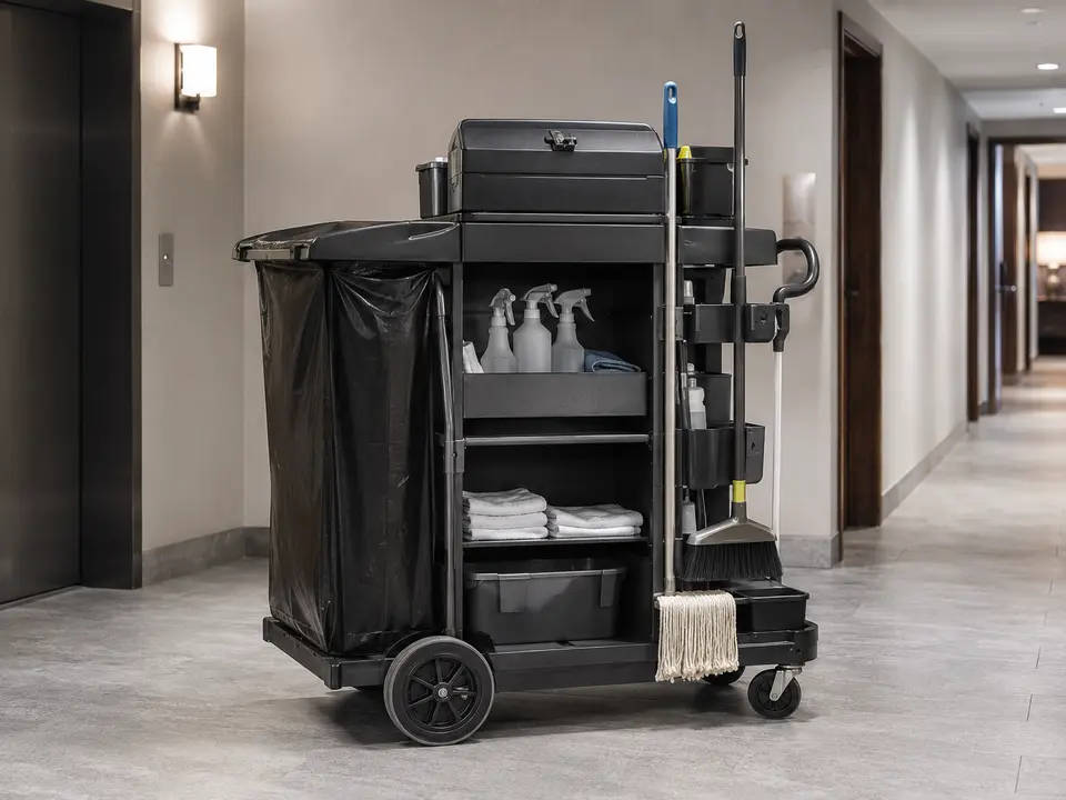 Heavy-duty janitor cart in a hotel service corridor