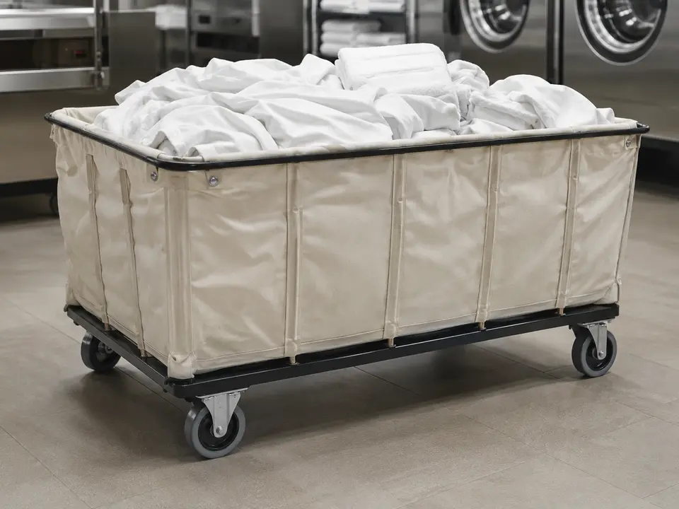 Large rolling laundry cart in a commercial hotel laundry