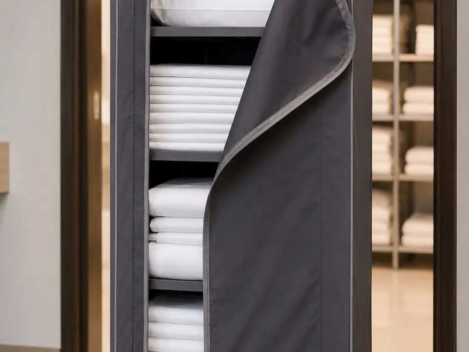 Covered linen cart filled with folded white hotel linens